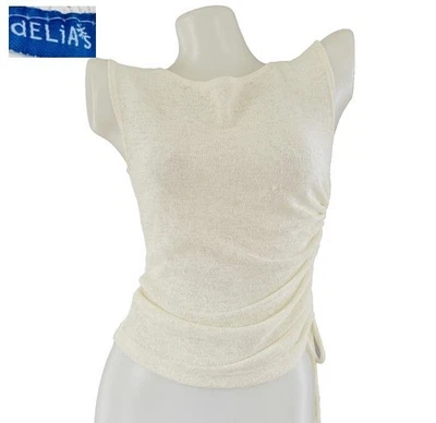 Camiseta sin mangas años 90 Y2K de colección dELiA* blanca RUCHADA poli spandex tejida desnuda cubierta de playa S Foto 1 de 4