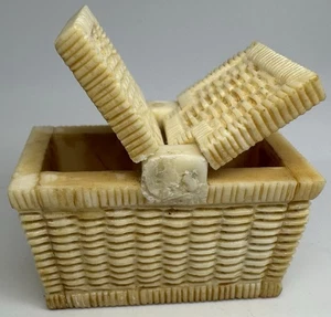 Mini Vintage Japanese Trinket Box Carved Resin Basketweave 2 Movable Lids - Picture 1 of 13