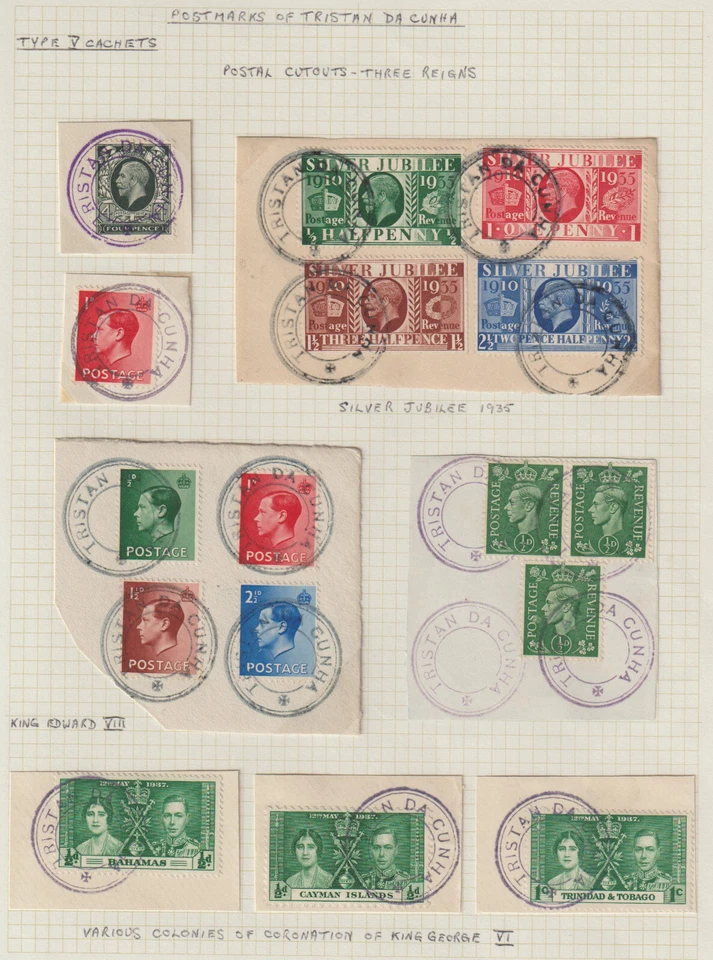 TRISTAN DA CUNHA  - TYPE V CACHETS ON 8 GV / GVI & EDVIII PIECES - RARE - Image 1 of 1