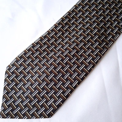 J. Ferrar Men's Tie Brown Gold 100% Silk Geometric Design Italy Pre-Owned - Image 1 of 4
