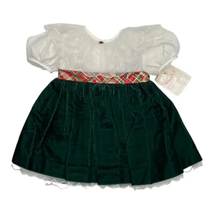 Vintage 80s Dorissa International Nicole Green Velvet Plaid Lace Dress Baby 18M - Picture 1 of 12