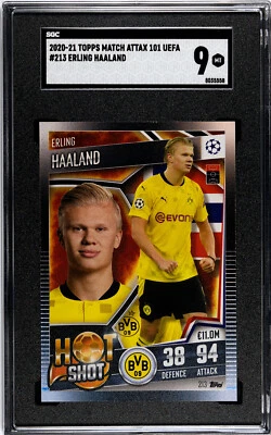 Topps Match Attax 101 UEFA CL 2020/2021 Erling Haaland Hot Shot # 213 SGC 9 Mint - Image 1 of 2