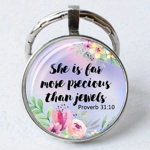 SHE IS FAR MORE PRECIOUS THAN JEWELS - CHRISTIAN BIBLE VERSE GLASS KEYRING T60 - Picture 1 of 1