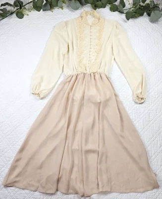 Vestido De Colección Años 70 Color Crema Manga Larga Gasa Talla M (11/12) Argent Fille Foto 1 de 4