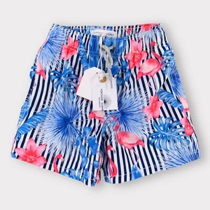 VINTAGE SUMMER SWIMWEAR Trunks Shorts Boys Toddler 4 Blue Pink Flamingo Floral - Picture 1 of 12