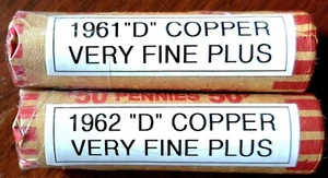 Lot of 2 VF+ 1961 "D" & 1962 "D" Copper Lincoln Cent Penny Rolls SEE DESC - Picture 1 of 6