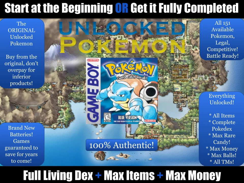 Authentic Unlocked Pokemon Blue, All 151 Legal + Extra, Max Items, Money GB GBC - Image 1 of 4