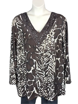 Tunic Blouse Womens Plus Size 2X Brown Print V-Neck Beaded Neckline Long Sleeve - Image 1 of 4