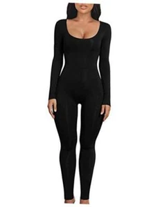Women's Sexy Bodycon Long Sleeve Scoop Neck One Piece Jumpsuit Medium Black - Picture 1 of 7