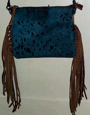 American Darling Turquoise Teal Blue Crossbody Bag Hair On Leather Fringe Boho - Image 1 of 4