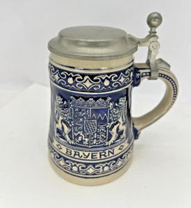 Beer Stein Blue white Tankard Zurich 6" German Pewter Lid Bayern Ceramic - Picture 1 of 9
