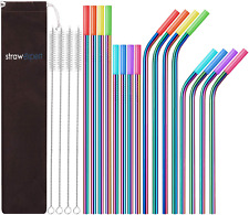 16 Pack Rainbow Color Reusable Metal Straws with Silicone Tip & Travel Case & Cl