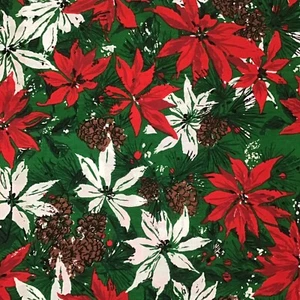 SPRING MILLS CHRISTMAS FABRIC POINSETTIA PINECONE PRINT COTTON TABLECLOTH ETC - Picture 1 of 5