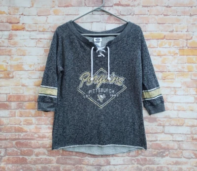 🔥 Pittsburgh Penguins Half Sleeve Rope Neckline Gray Shirt Women's Medium M - Image 1 of 4