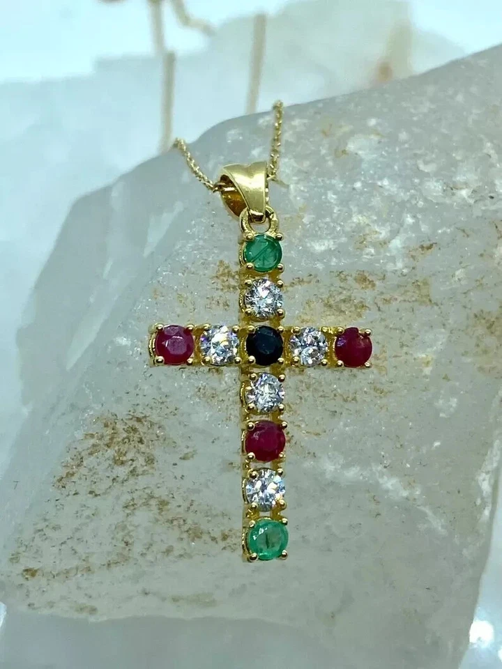 14K Yellow Gold Plated 2 Ct Round Cut Lab Created Diamond Cross Women's Pendant - Image 1 of 4