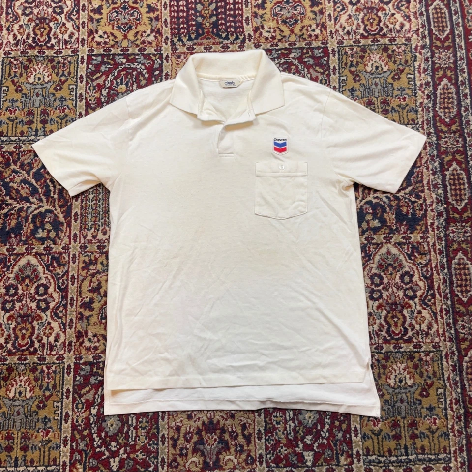 Camisa Polo Vintage Cintas Para Hombres Grande Blanca Logo Chevron Bolsillo Hecha en EE. UU. Foto 1 de 4