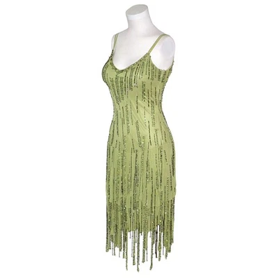 Sz 2 Vintage Y2K 90s Sue Wong Nocturne Green Silk Beaded Fringe Dress Fairycore - Image 1 of 4