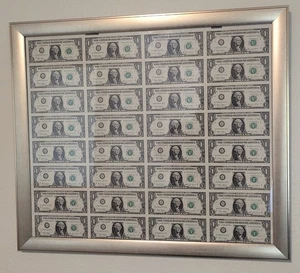 FEDERAL RESERVE NOTE 2003 Uncut Sheet 32 One Dollar Bills Uncirculated Framed - Picture 1 of 3