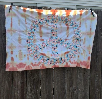 Peace Sign Wall Tapestry Orange Tie Dyed. Handmade. Hand Dyed.  - Image 1 of 4
