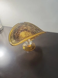 Large Hand Blown Murano Glass Footed Fruit Bowl MADE IN ITALY YELLOW BROWN SWIRL - Picture 1 of 9