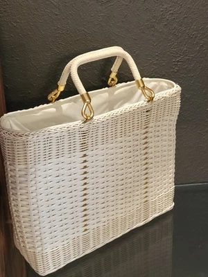 Vintage 60s Large White Woven Tote Made In Hong Kong - Image 1 of 4