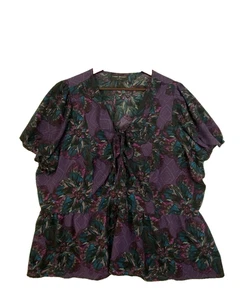 LANE BRYANT SIZE 24 SHORT PUFF SLEEVE LACE-UP PEPLUM TOP PURPLE BLACK - Picture 1 of 8