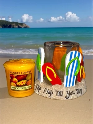 Suporte votivo aposentado Yankee Candle flip flop até você soltar + salsa manga pêssego - Imagem 1 de 4
