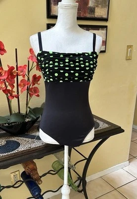 Maxine of Hollywood Sz 16 Ruched 50’s Throwback Black Green Polka Dot Swimsuit - Image 1 of 4