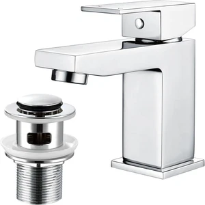 Bathroom Sink Taps Basin Mixer Tap with Pop Up Waste, Square Chrome - Picture 1 of 9