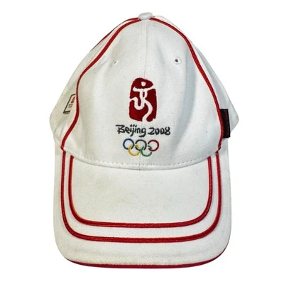 Beijing 2008 Olympics Logo Hat Baseball Cap Embroidered White w/ Pin - Image 1 of 4