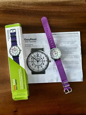 Easy Read Time Teacher Kids Watch Round Dial 33mm Purple Nylon Band Silver Tone - Image 1 of 4