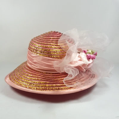 Sombrero de sol vintage Whittall Shon para mujer Cartwheel oro rosa flor lentejuelas Foto 1 de 4