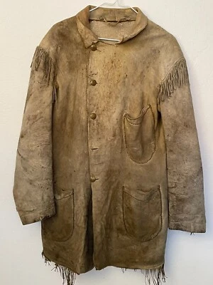 Antigua chaqueta y pantalón de cuero occidental del siglo XIX hechos a mano con hebilla Pat. 1855 Foto 1 de 4