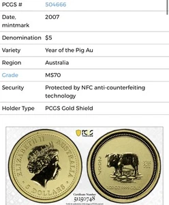 2007 $5 Australia 1/20 Oz Gold Lunar Coin • MS70 POP 1 •Year of the Pig (豬) RARE - Picture 1 of 5