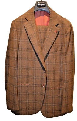 NWT ISAIA 2 Btn Check Mens SUIT Wool Brown DROP 7 size 44 US 54 EU - Image 1 of 4