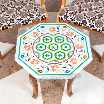 23" Handcrafted White Marble Table Top with Semi-Precious Stone Inlay – Stones - Image 1 of 4