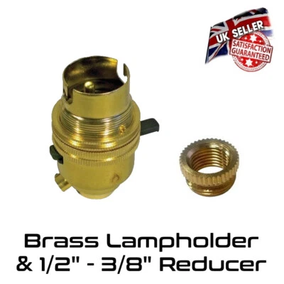 UKELECTRICAL Brass Lamp Holder Switched - Bayonet BC - Bulb Holder & 1/2" - 3/8" Reducer *UK