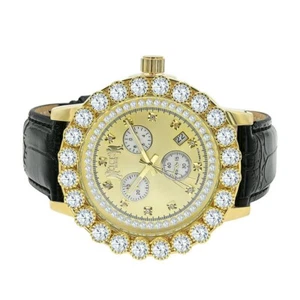 Gold Tone Finish Solitaire Bezel Real Diamonds Leather Strap Band Watch W/Date - Picture 1 of 3