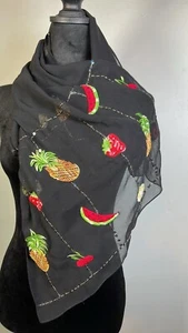 Black Sheer Scarf with Fruit Embroidered Embellishments Whimsy Fairy - Picture 1 of 5