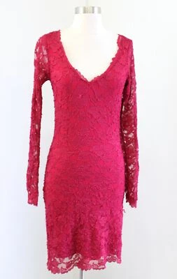 Hale Bob Raspberry Red V Neck Long Sleeve Lace Bodycon Dress Size S Fitted - Image 1 of 4