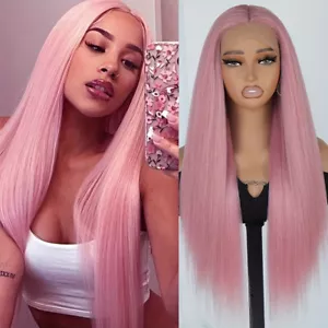 Pink Color Long Straight Hair Lace Front Wigs for Women Party Natural Hairline - Picture 1 of 5