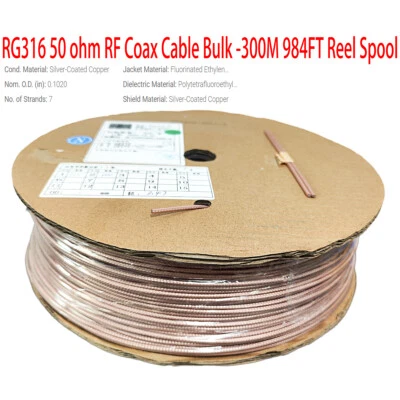 300M 984FT RG316 RF Coax Cable M17/113- High Temperature Coaxial wire SPOOL REEL - Image 1 of 4