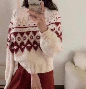 Womens Fashion Winter Round Collar Loose Printed Warm Kniting Sweaters Pullover - Picture 1 of 11