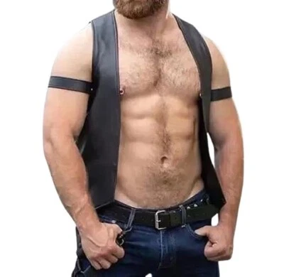 Men's Real Cowhide Leather Bartender Vest, Club Wear Gay Bar Vest Front Open - Image 1 of 4
