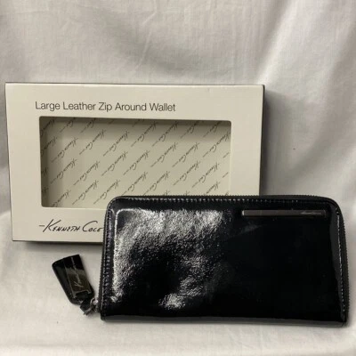 Cartera Kenneth Cole New York Grande de Cuero con Cremallera Alrededor Negra Foto 1 de 4