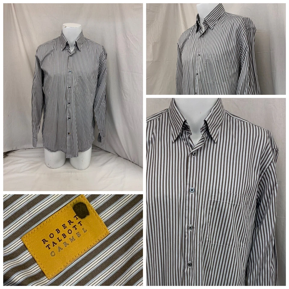Camisa Robert Talbott L Gris Rayas 100% Algodón Botón Frontal YGI N2-384 Foto 1 de 4