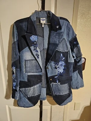DG2 Diane Gilman Y2k patch Work Jean Blazer Blue Rose Embroidered Size Large  - Image 1 of 4