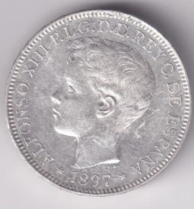 1897 Alfonso XIII UN Peso Philippinen / Spanish Colonial Silver KM-154 AU Detail - Bild 1 von 5