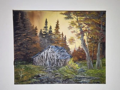 Bob Ross Style Landscape Oil Painting Rustic Cabin Autumn Sunset 16 X 20 - Image 1 of 4