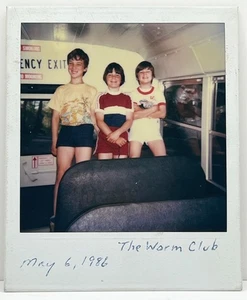 1980s Three Boys on School Bus “The Worm Club” Fun Polaroid Vtg Snapshot Photo - Picture 1 of 4
